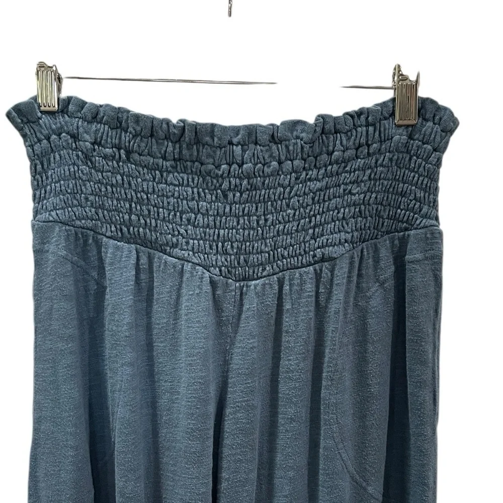 Free People Beach Wide Leg Stretch Pants High Smocked Elastic Waist SZ S Blue